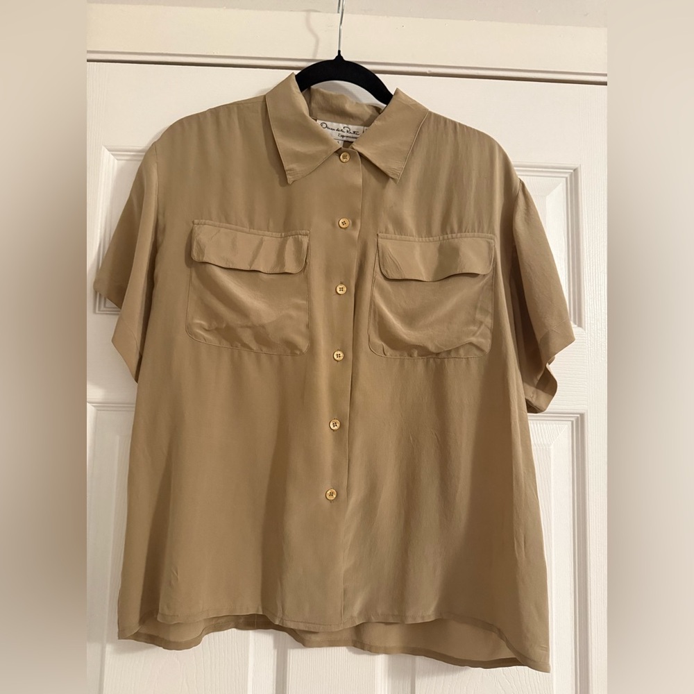 Vtg Oscar de la Renta Expressions Blouse 100% Silk Tan Camel Collared Shirt S 14